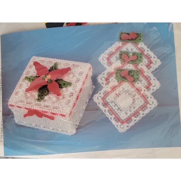 Vintage Needlepoint Kit Plastic Canvas Lacy Poinsettia Coasters & Box #67107 - Picture 1 of 4